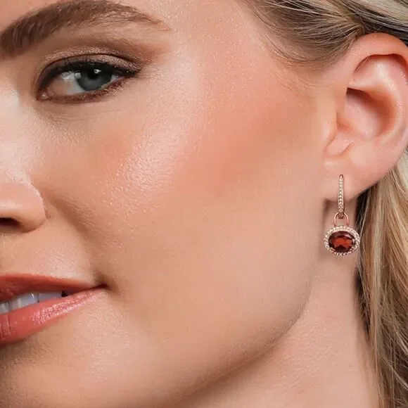 18K Rose Gold 925 with 4.44 Cttw Garnet Oval Dangling French Lock Earrings